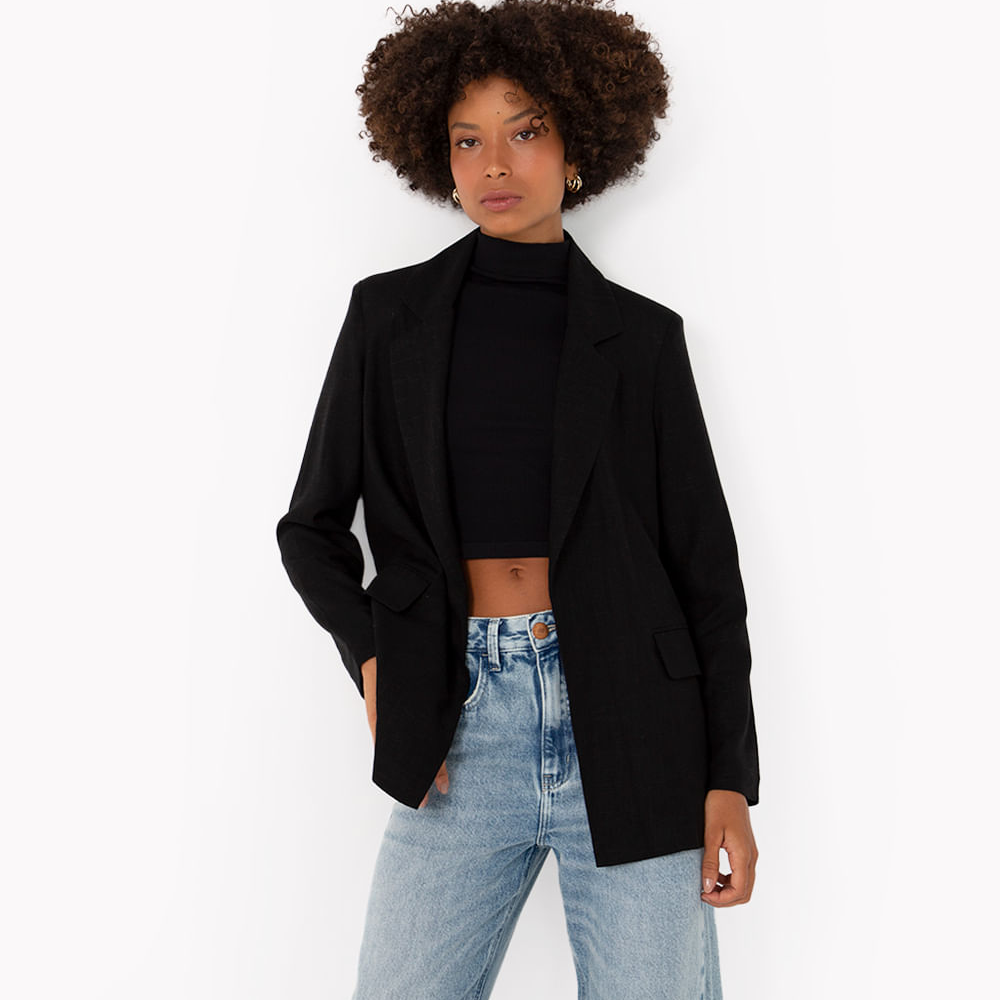 Blazer alongado com linho manga longa preto Blazer alongado com linho manga longa preto