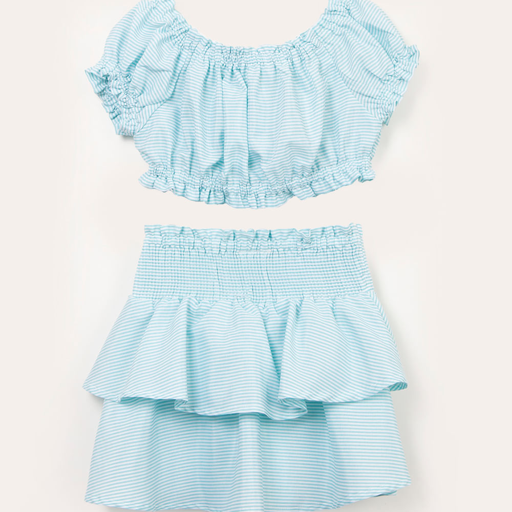 Conjunto infantil listrado blusa manga bufante e saia com babado azul Conjunto infantil listrado blusa manga bufante e saia com babado azul