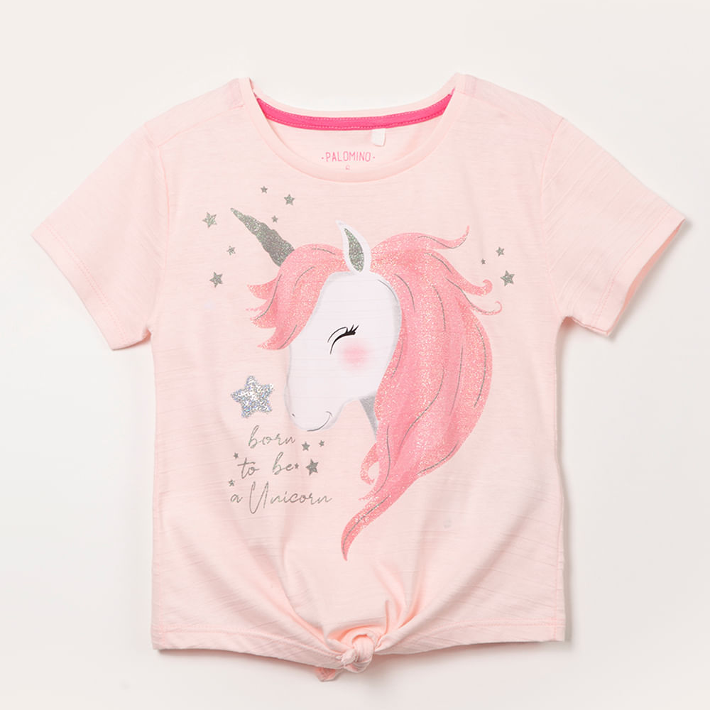 Blusa infantil manga curta com amarração unicórnio rosa Blusa infantil manga curta com amarração unicórnio rosa