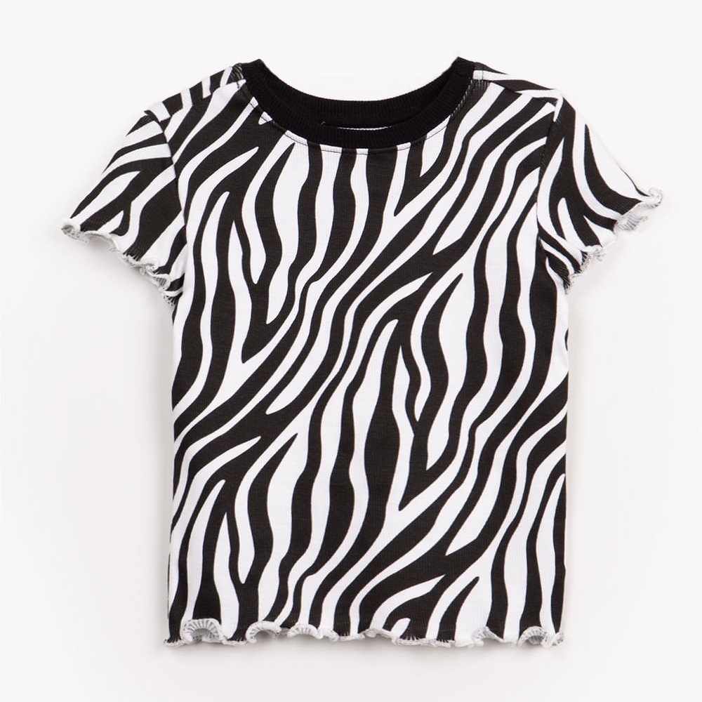 Blusa infantil de malha canelada animal print manga curta multicor Blusa infantil de malha canelada animal print manga curta multicor