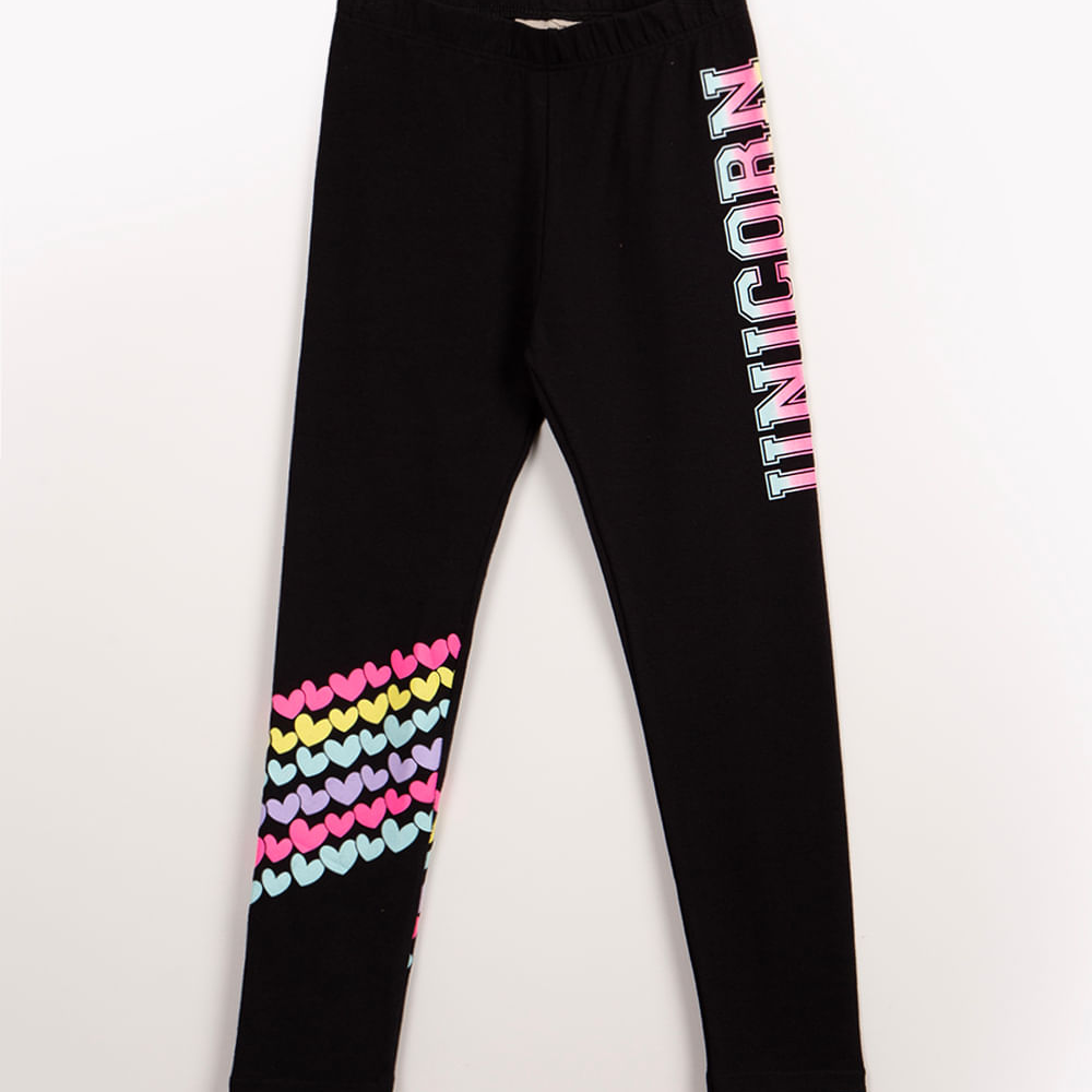 Calça legging infantil unicórnio corações preto