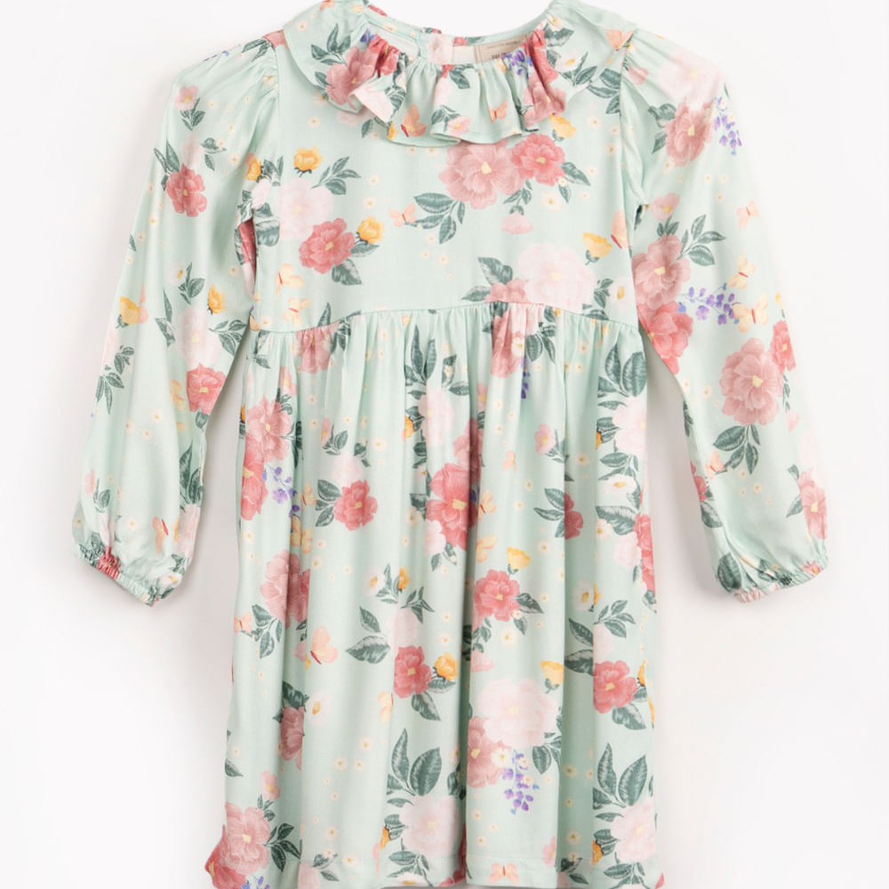 Vestido de viscose infantil floral manga longa verde claro Vestido de viscose infantil floral manga longa verde claro