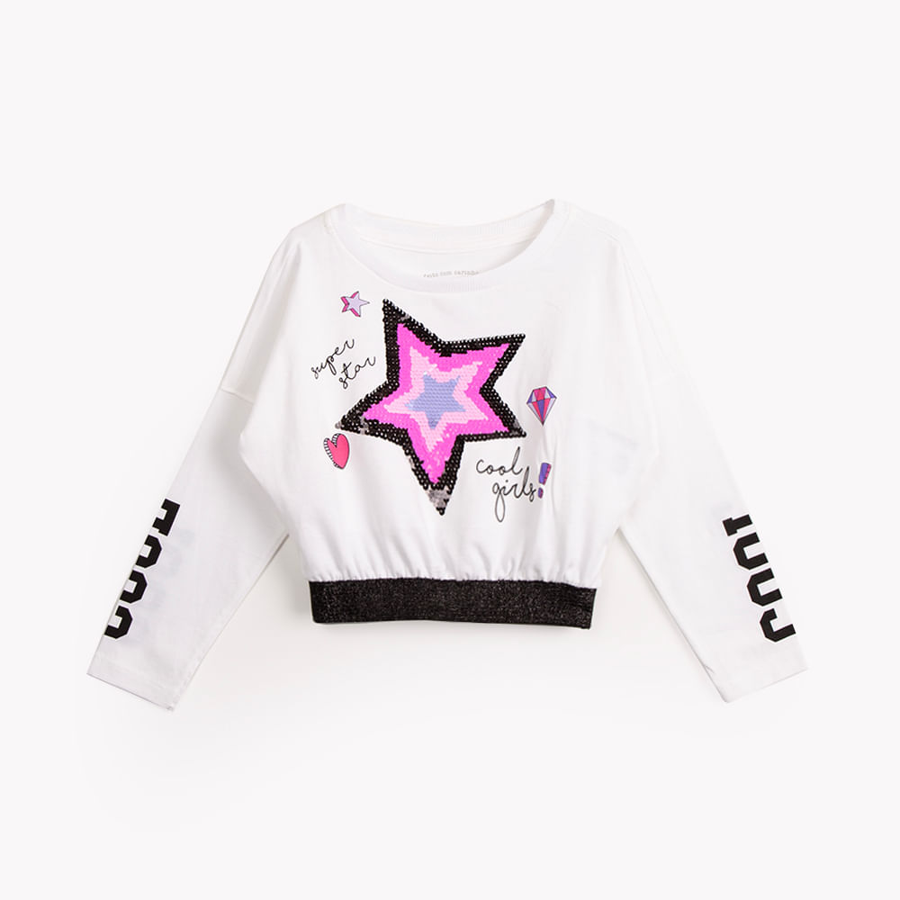 Blusa infantil de algodão com paetê manga longa off white Blusa infantil de algodão com paetê manga longa off white