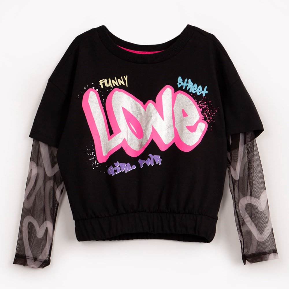 Blusa infantil manga de tule grafite preto Blusa infantil manga de tule grafite preto