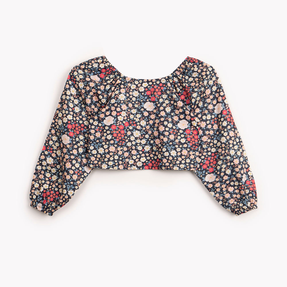 Blusa de algodão floral com elástico manga longa azul marinho Blusa de algodão floral com elástico manga longa azul marinho