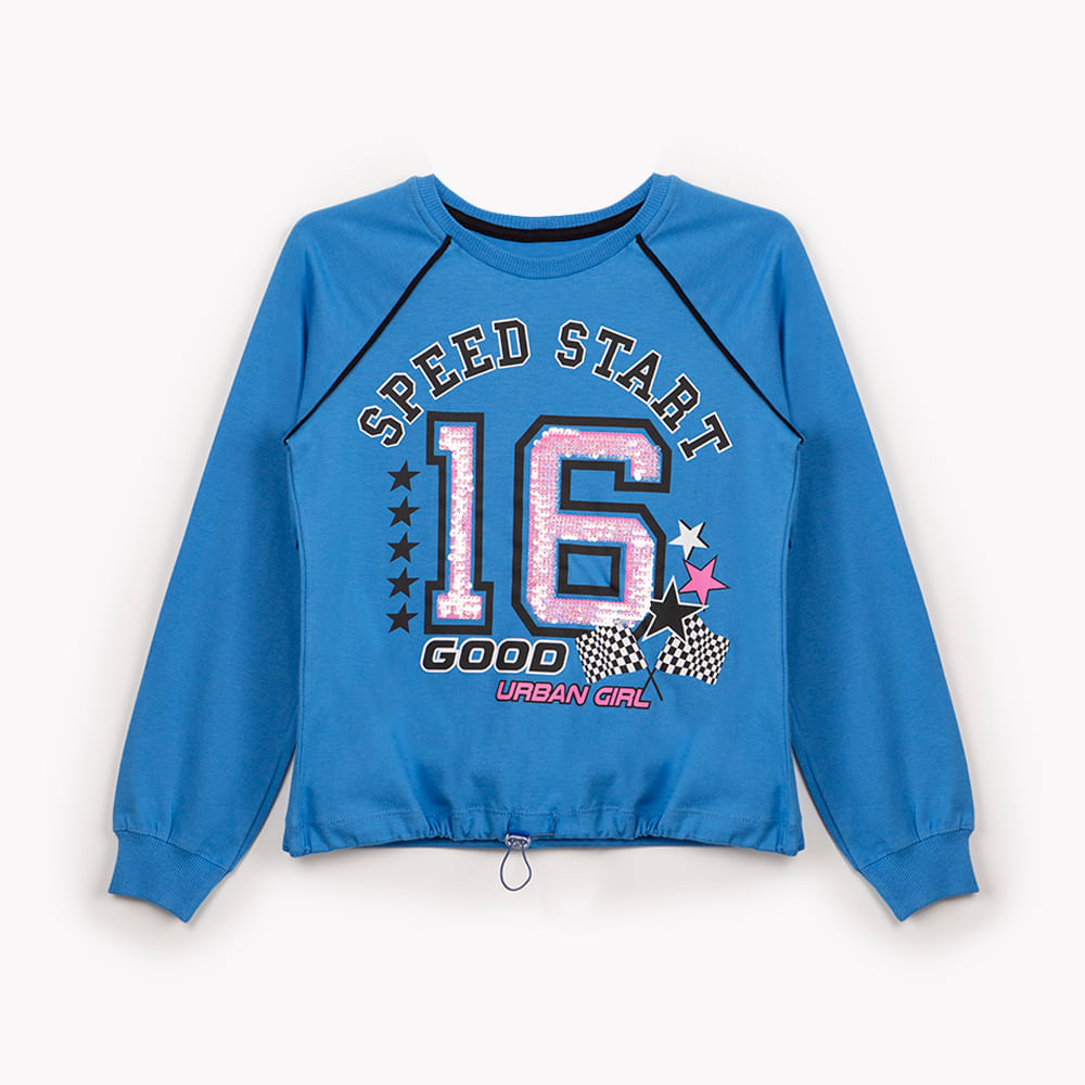 Camiseta de algodão infantil com paetê manga longa azul