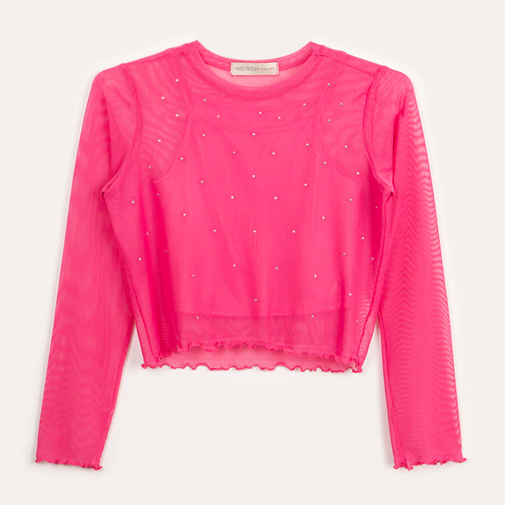 Blusa de tule juvenil brilhos manga longa rosa Blusa de tule juvenil brilhos manga longa rosa