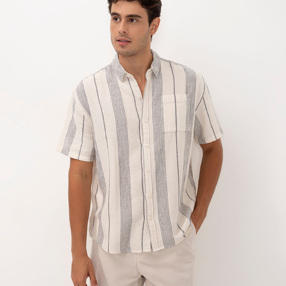 Camisa de algodão listrada com bolso manga curta off white