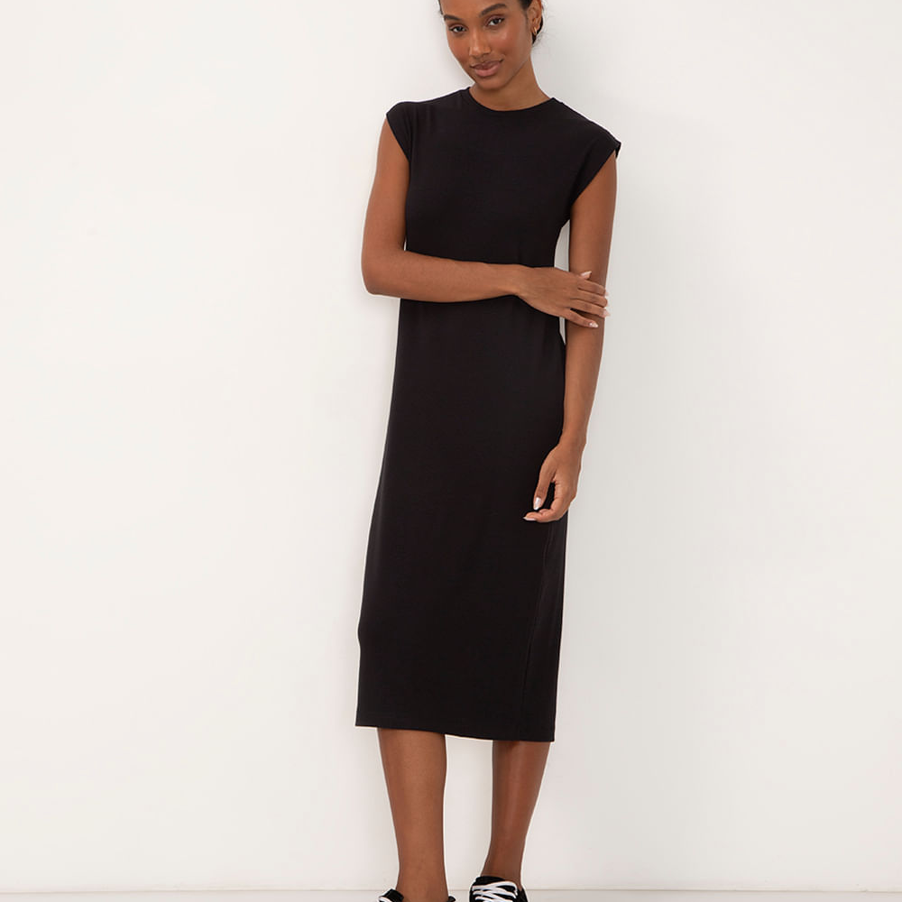 Vestido midi feminino muscle tee canelado básico preto