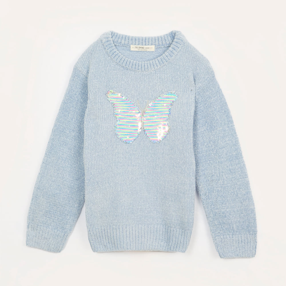 Suéter infantil chenille borboleta paetê azul
