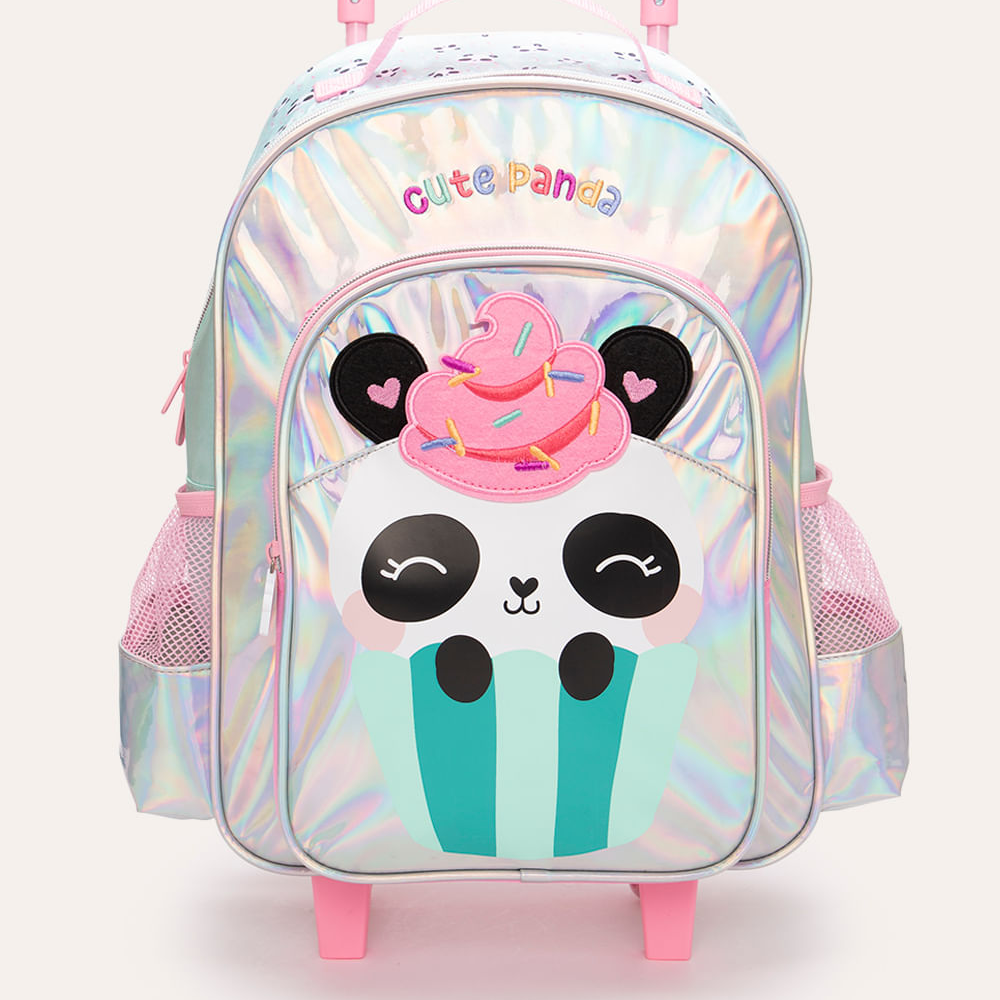 Mochila de rodinha infantil cute panda holográfica colorido Mochila de rodinha infantil cute panda holográfica colorido