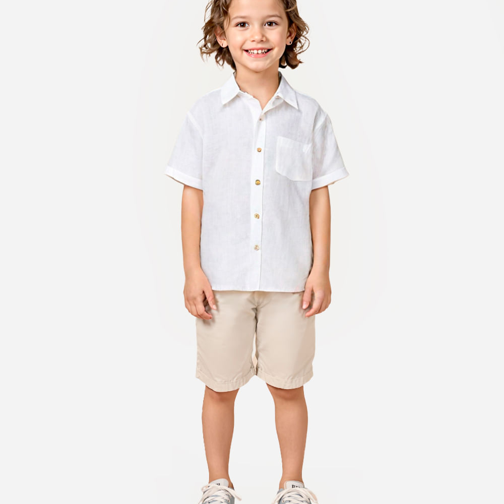 Camisa de algodão infantil manga curta com bolso branca Camisa de algodão infantil manga curta com bolso branca