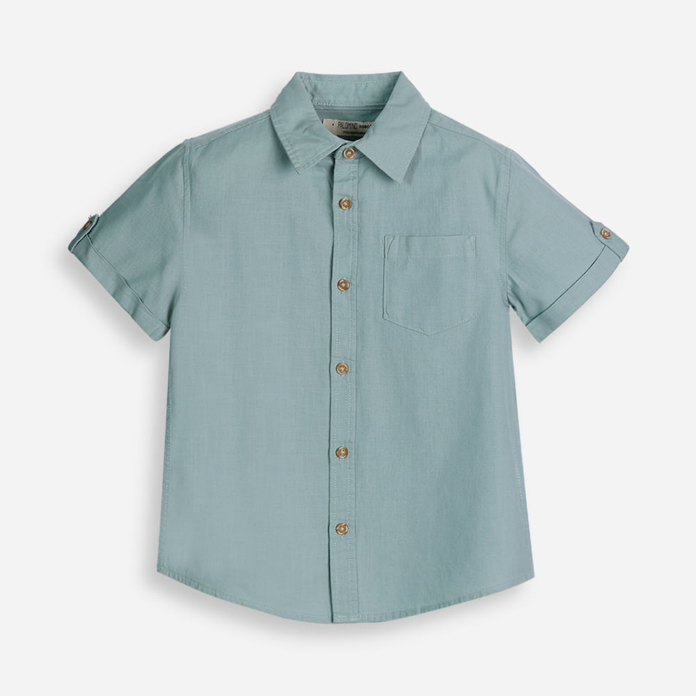 Camisa de algodão infantil manga curta com bolso verde