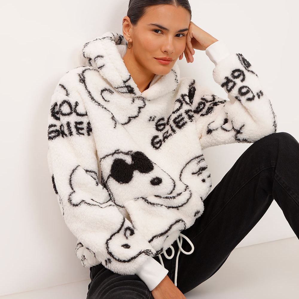 Blusão de pelúcia com capuz e bolso snoopy off white Blusão de pelúcia com capuz e bolso snoopy off white