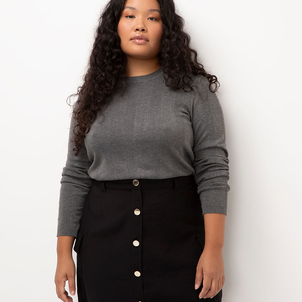 Suéter de tricot plus size canelado - CINZA MESCLA Suéter de tricot plus size canelado - CINZA MESCLA