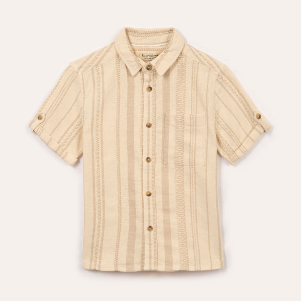 Camisa de algodão infantil listrada manga curta bege Camisa de algodão infantil listrada manga curta bege