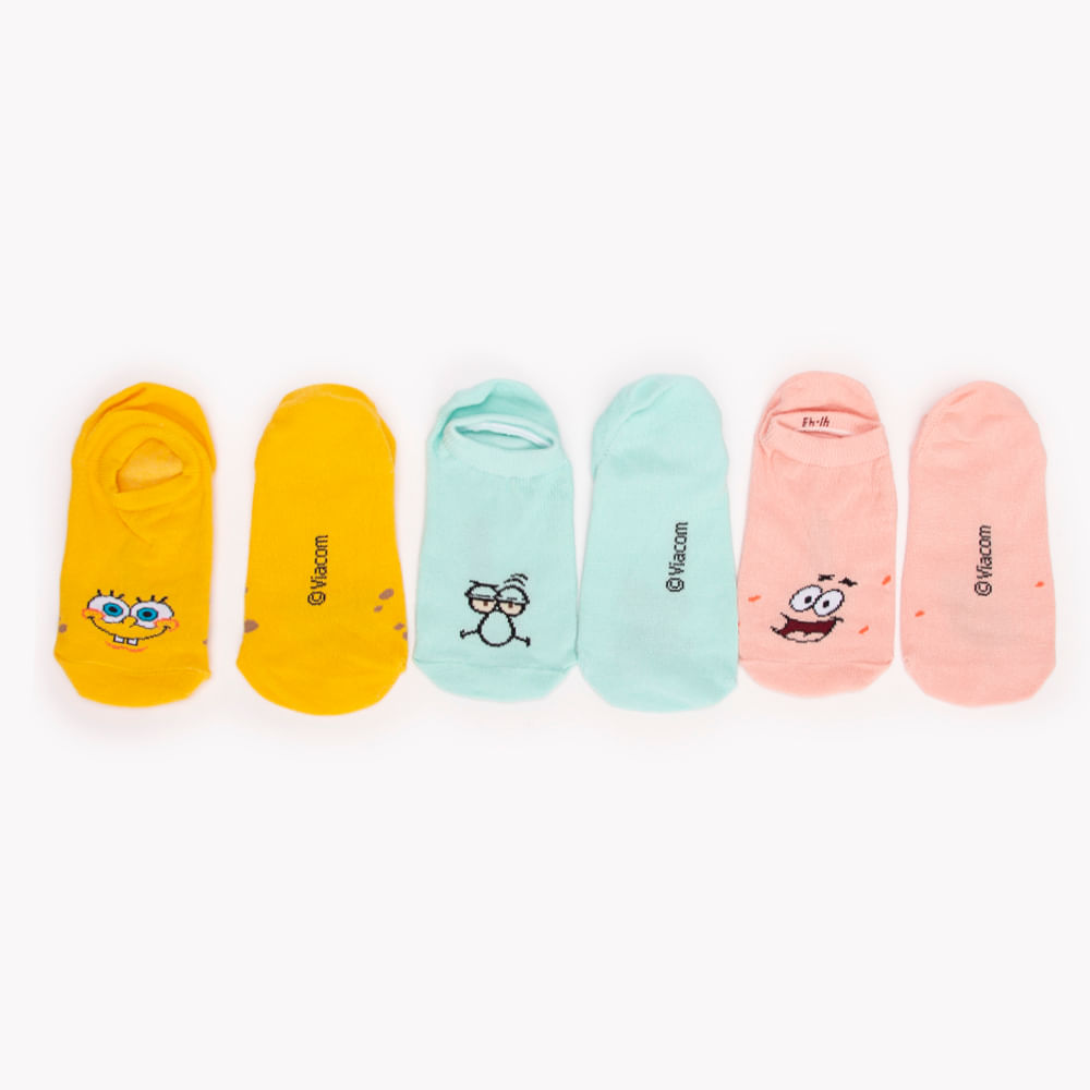Kit de 3 pares de meias invisíveis bob esponja colorido Kit de 3 pares de meias invisíveis bob esponja colorido