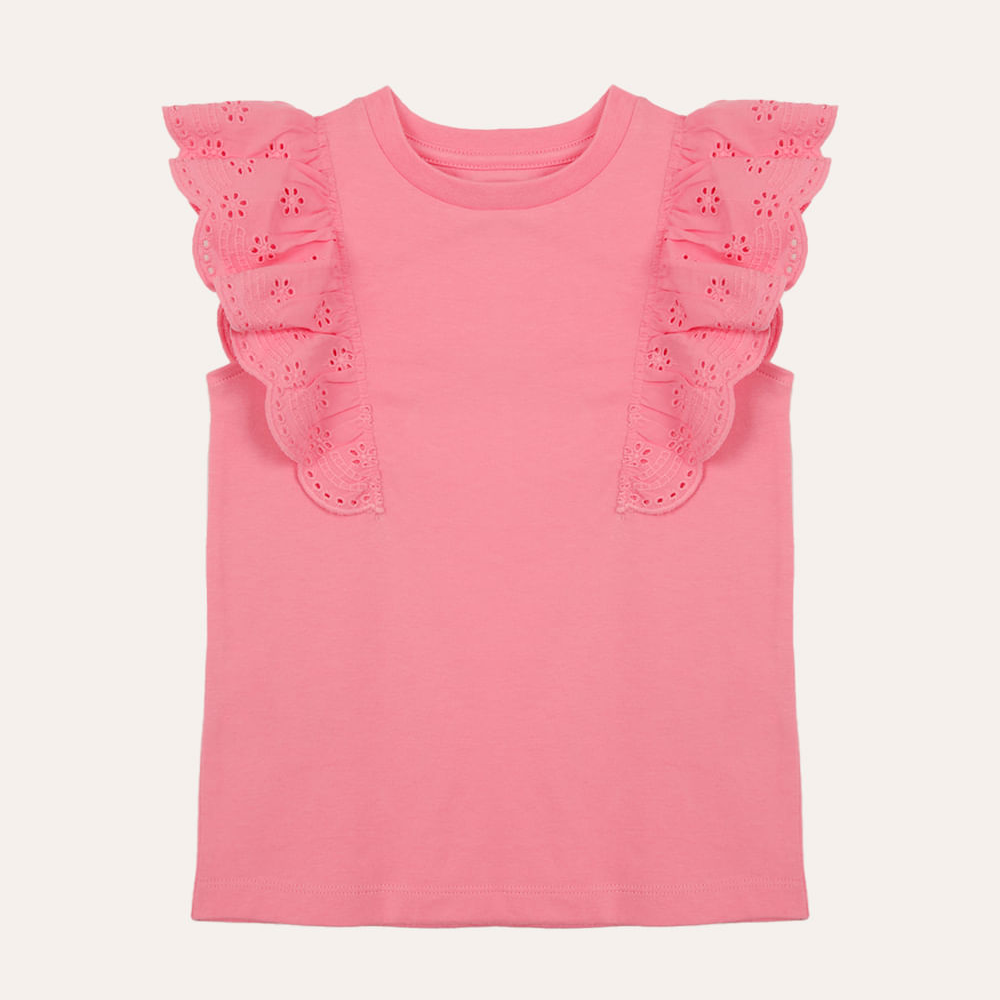 Blusa de algodão infantil com babado de laise rosa