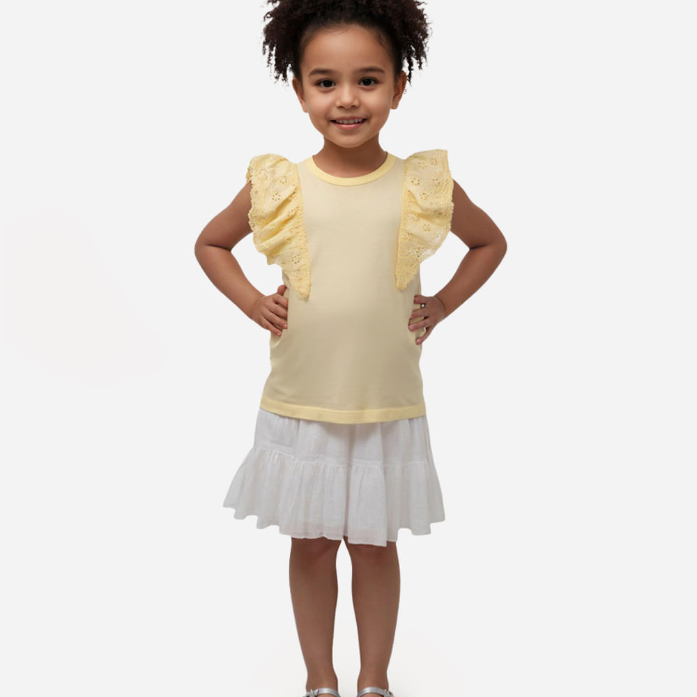 Blusa de algodão infantil com babado de laise amarela Blusa de algodão infantil com babado de laise amarela