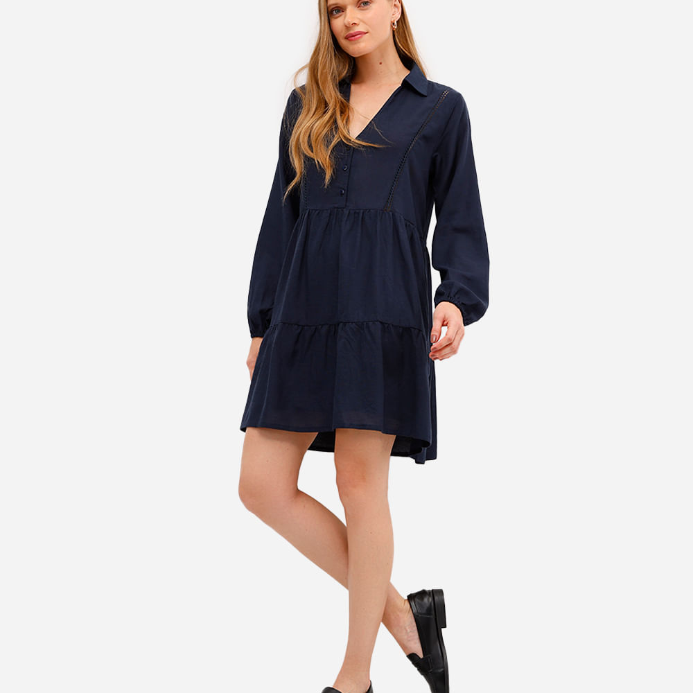 Vestido com linho curto manga longa - azul marinho Vestido com linho curto manga longa - azul marinho