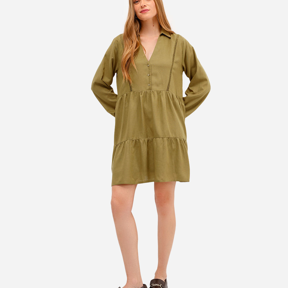 Vestido com linho curto manga longa - verde médio Vestido com linho curto manga longa - verde médio
