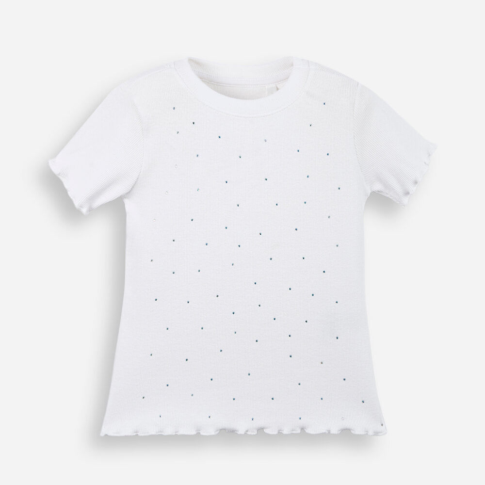 Blusa de algodão infantil canelada com brilho off white