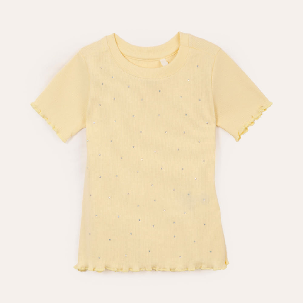 Blusa infantil de algodão com brilho manga curta amarela Blusa infantil de algodão com brilho manga curta amarela