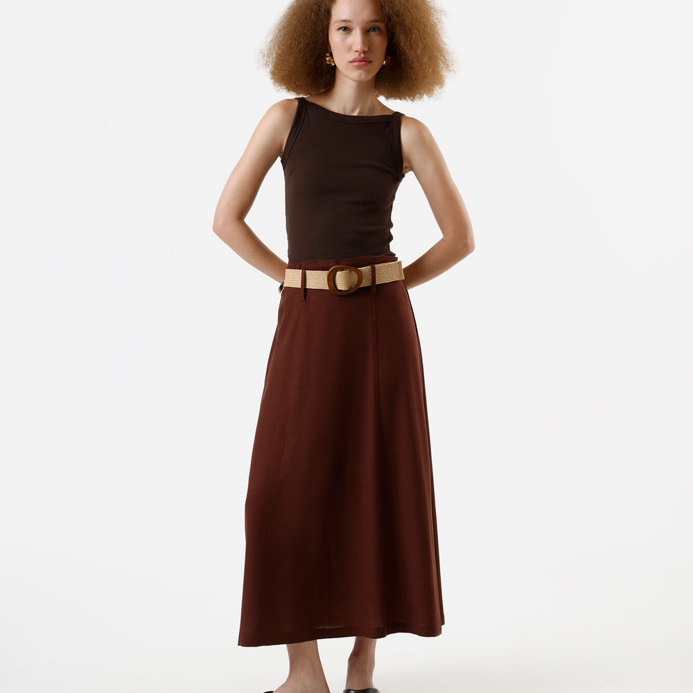 Saia midi feminina com linho cintura alta marrom Saia midi feminina com linho cintura alta marrom