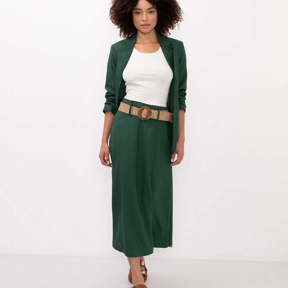 Saia midi com linho cintura alta - verde Saia midi com linho cintura alta - verde