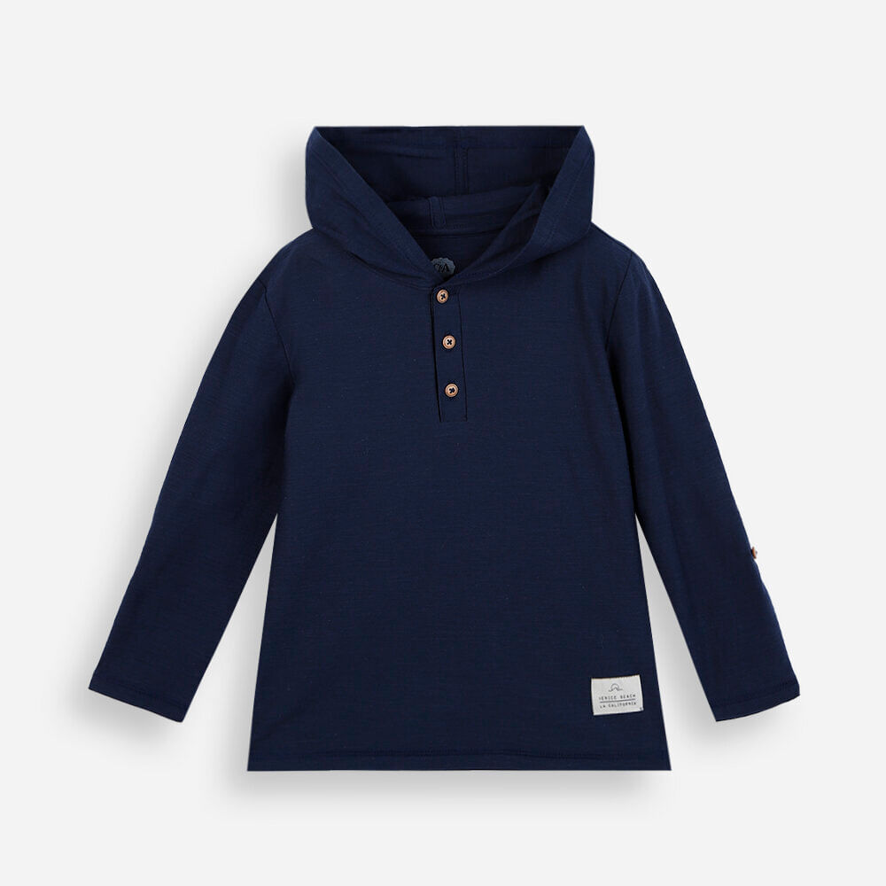 Camiseta infantil de algodão flamê com capuz azul