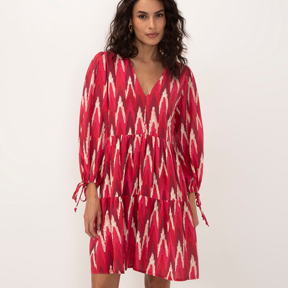Vestido bata de viscose ikat manga bufante pink Vestido bata de viscose ikat manga bufante pink