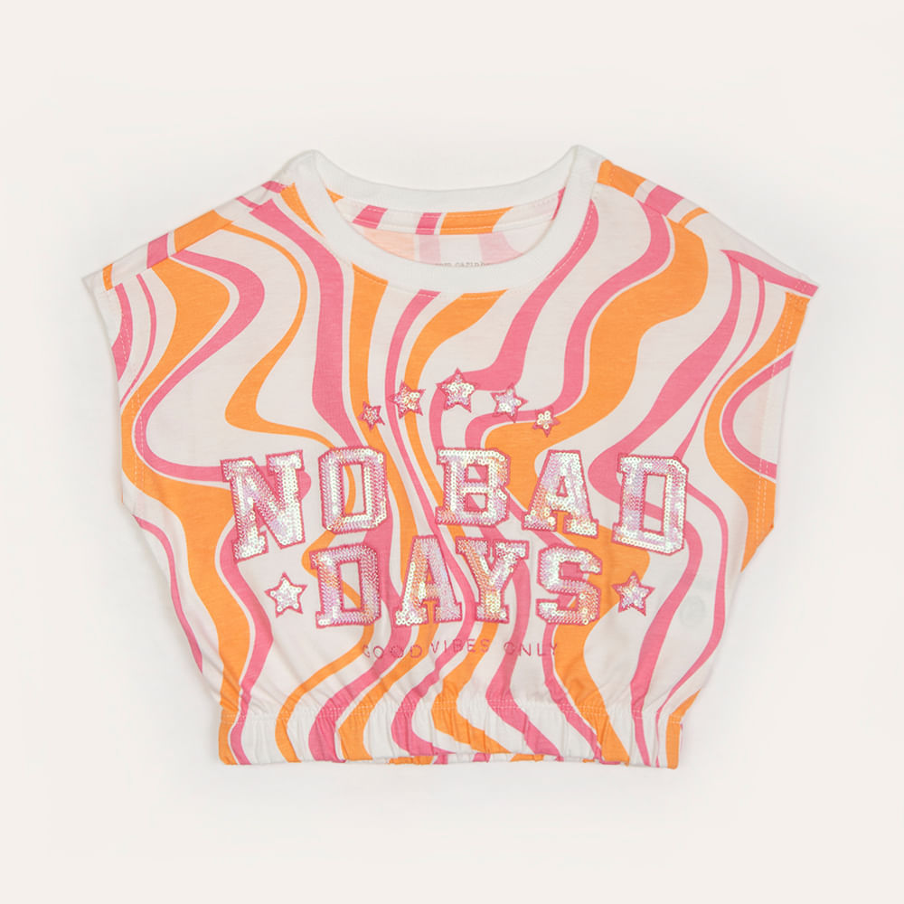 Blusa de algodão infantil com paetê manga curta off white Blusa de algodão infantil com paetê manga curta off white