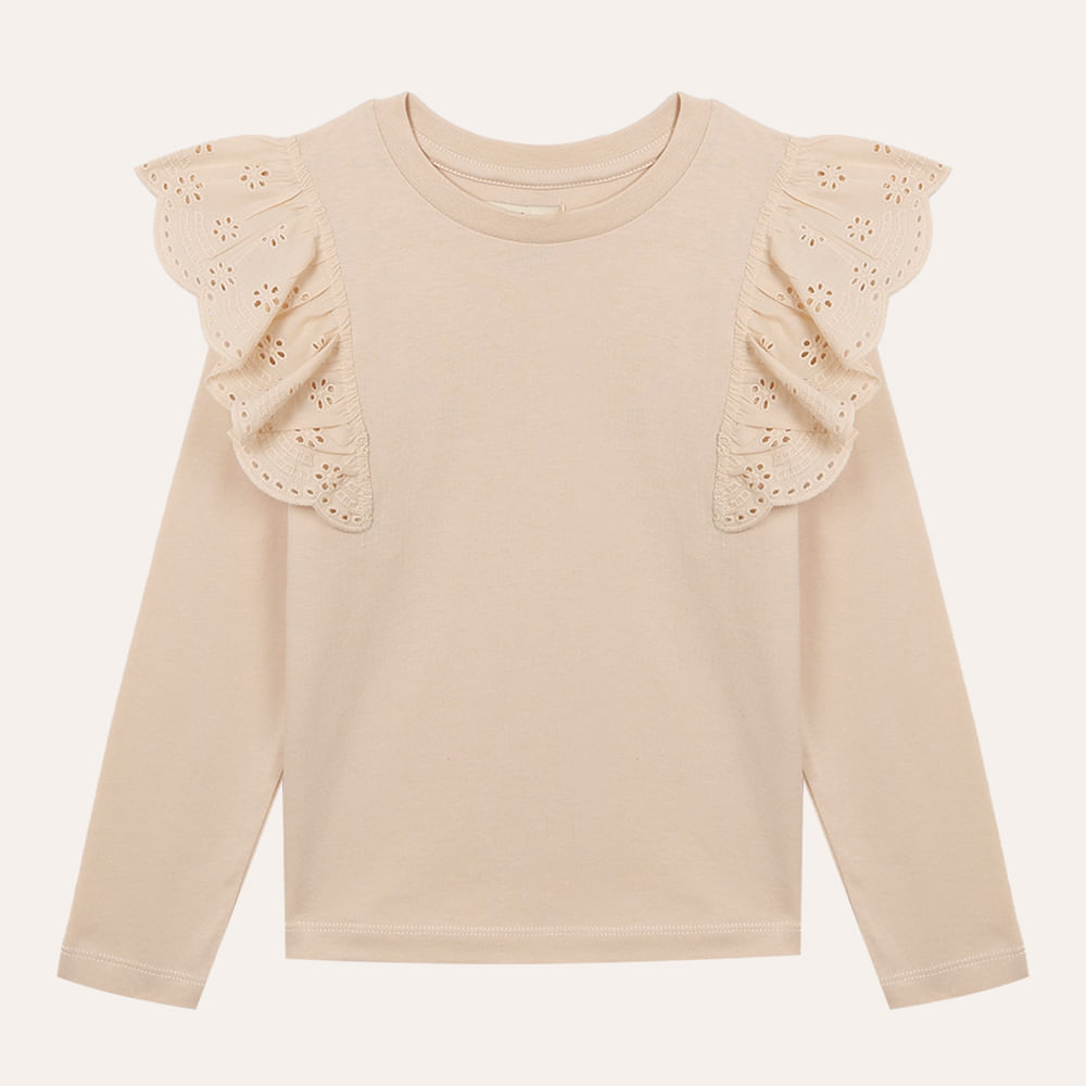 Blusa de algodão infantil com babado de laise bege