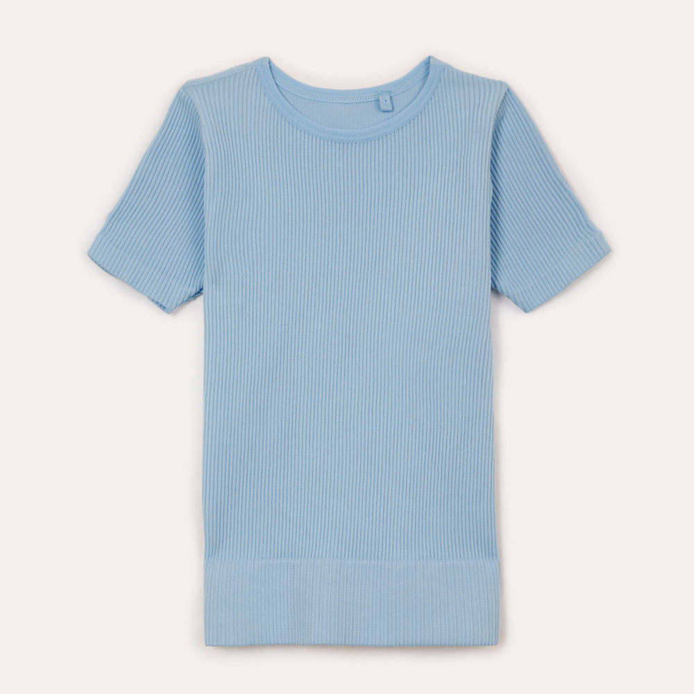 Blusa infantil de poliamida canelada manga curta azul Blusa infantil de poliamida canelada manga curta azul