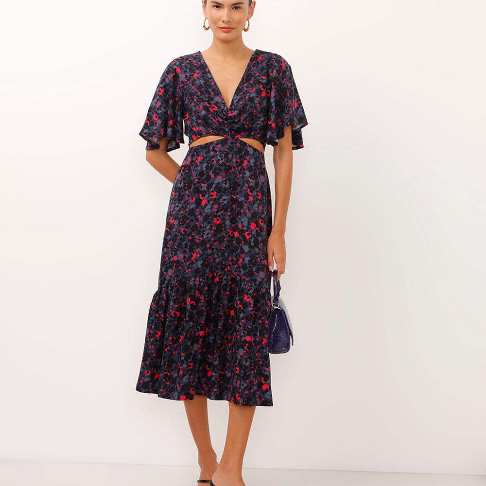 Vestido midi de viscose com recortes floral azul marinho Vestido midi de viscose com recortes floral azul marinho
