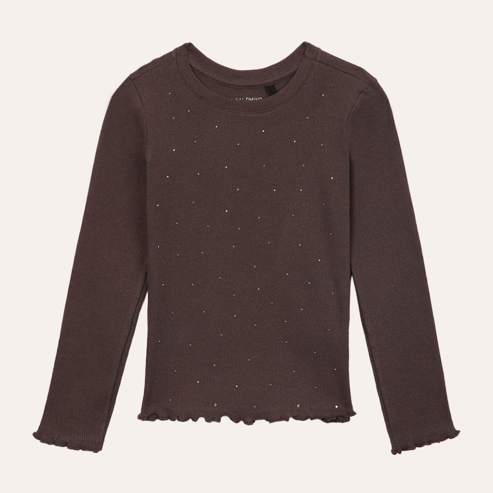 Camiseta de algodão manga longa strass cinza