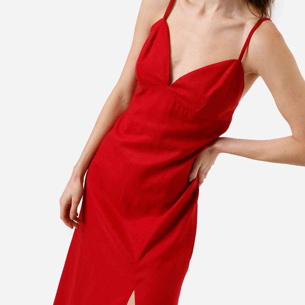 Vestido midi feminino com linho alça fina vermelho Vestido midi feminino com linho alça fina vermelho