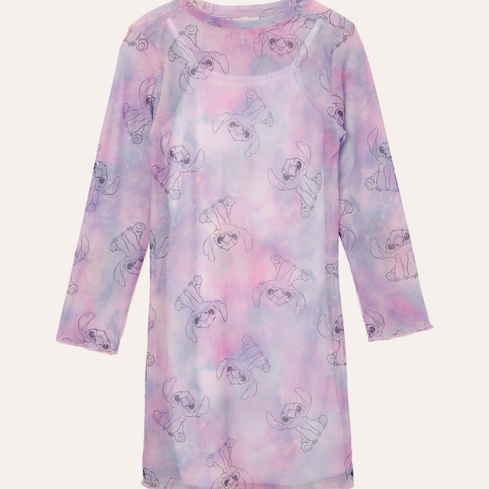 Vestido de tule manga longa infantil tie dye stitch colorido Vestido de tule manga longa infantil tie dye stitch colorido