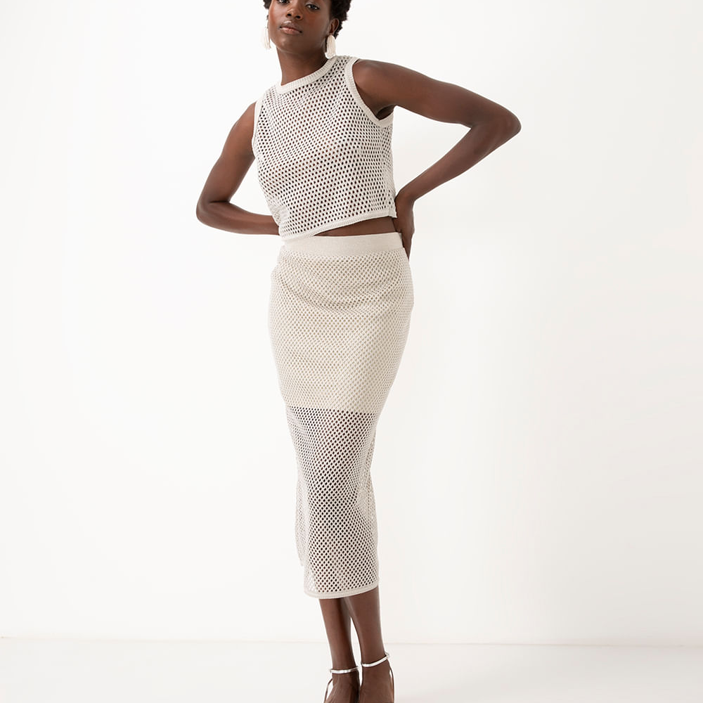 Saia midi de tricot vazada com lurex bege claro Saia midi de tricot vazada com lurex bege claro