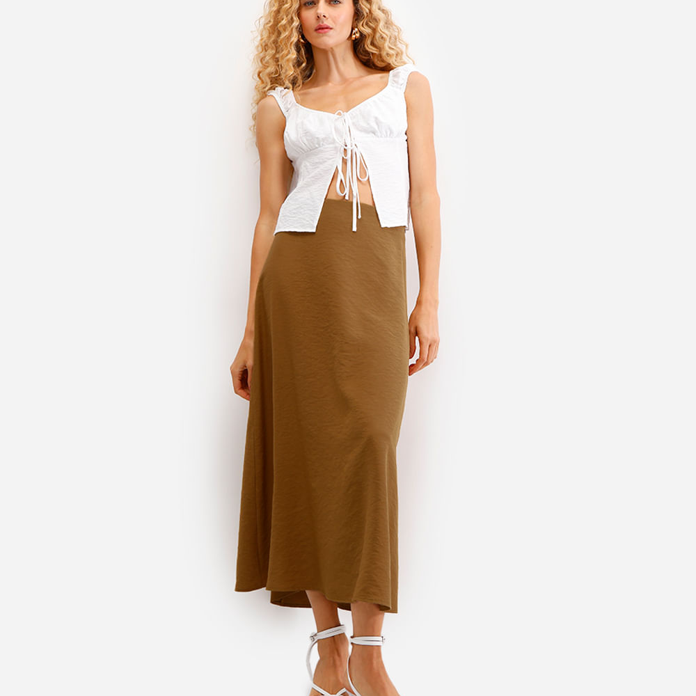 Saia midi feminina evasê de viscose marrom Saia midi feminina evasê de viscose marrom
