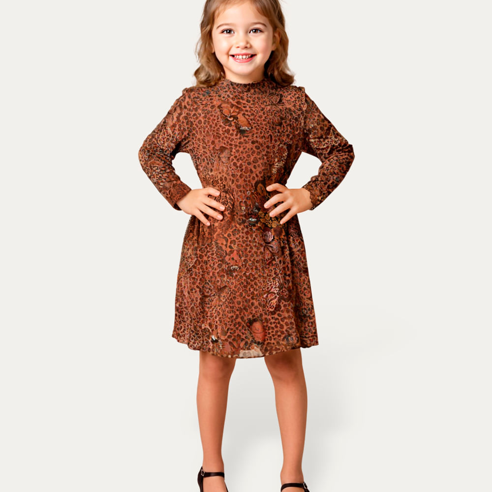 Vestido midi de tule infantil animal print marrom Vestido midi de tule infantil animal print marrom