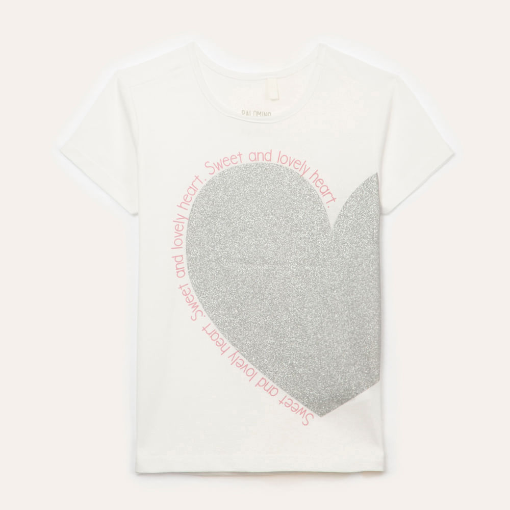 Camiseta de algodão infantil coração com glitter off white