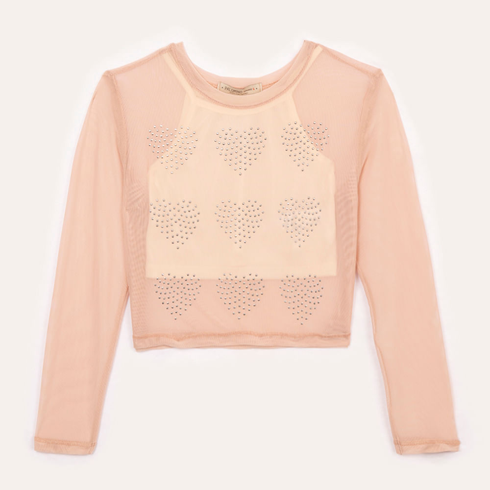 Blusa de tule infantil corações com strass bege