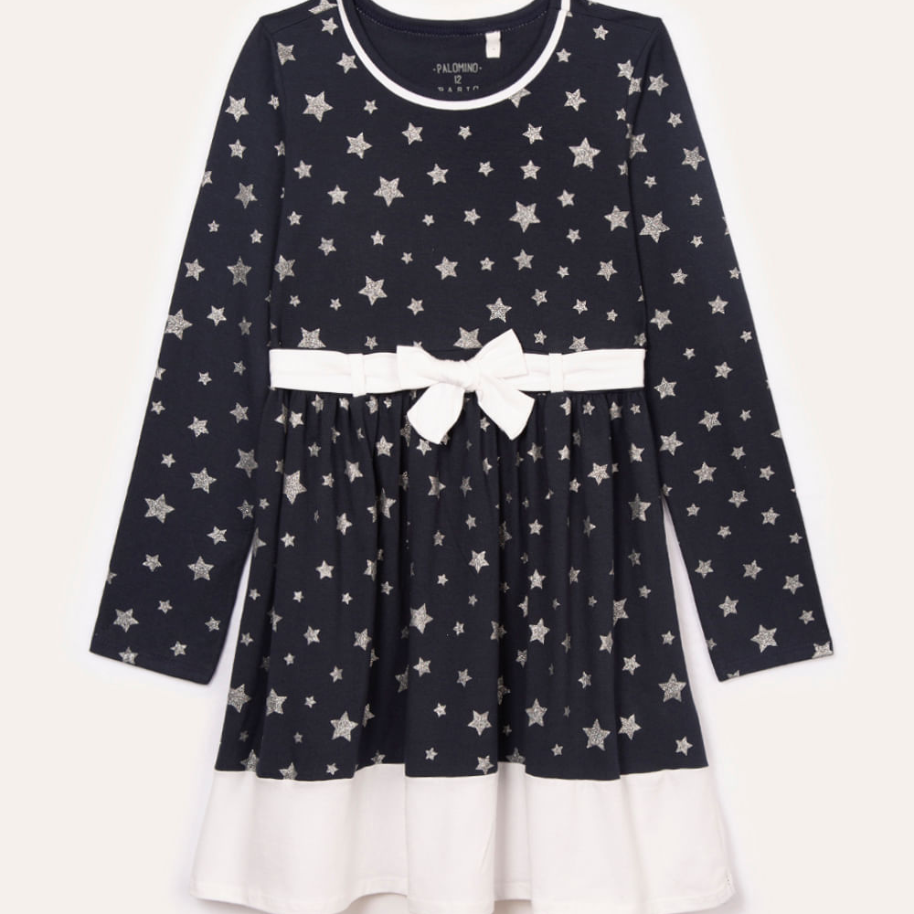 Vestido de algodão infantil estrelas com brilho azul marinho Vestido de algodão infantil estrelas com brilho azul marinho