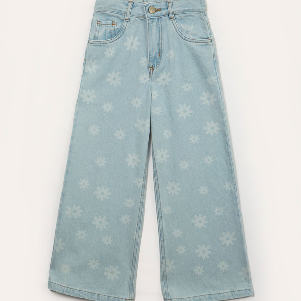 Calça jeans infantil wide leg flores azul claro Calça jeans infantil wide leg flores azul claro