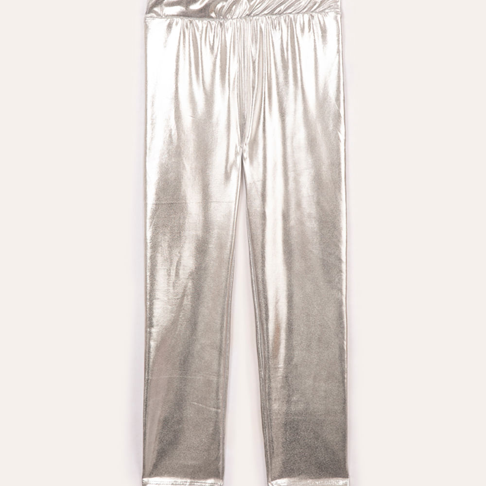 Calça legging infantil metalizada prata