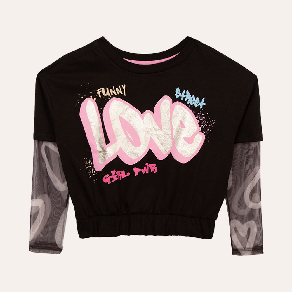Camiseta de algodão infantil manga tule love preto Camiseta de algodão infantil manga tule love preto