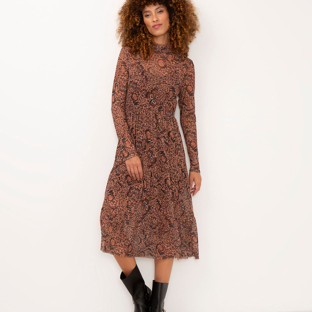 Vestido midi de tule animal print com borboletas marrom Vestido midi de tule animal print com borboletas marrom