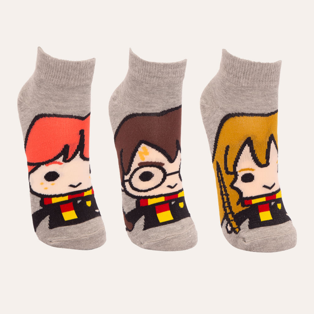 Kit de 3 pares de meias cano baixo harry potter colorido Kit de 3 pares de meias cano baixo harry potter colorido