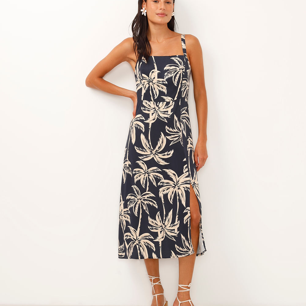 Vestido midi decote reto alça fina folhagem azul Vestido midi decote reto alça fina folhagem azul
